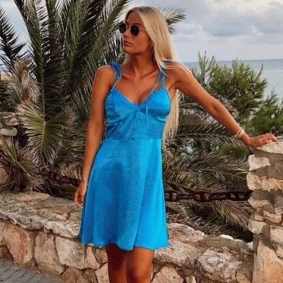 Zara Dresses & Skirts - Zara Satin Effect Skinny Strap Mini Dress Aqua Blue Bloggers Fav Sz S